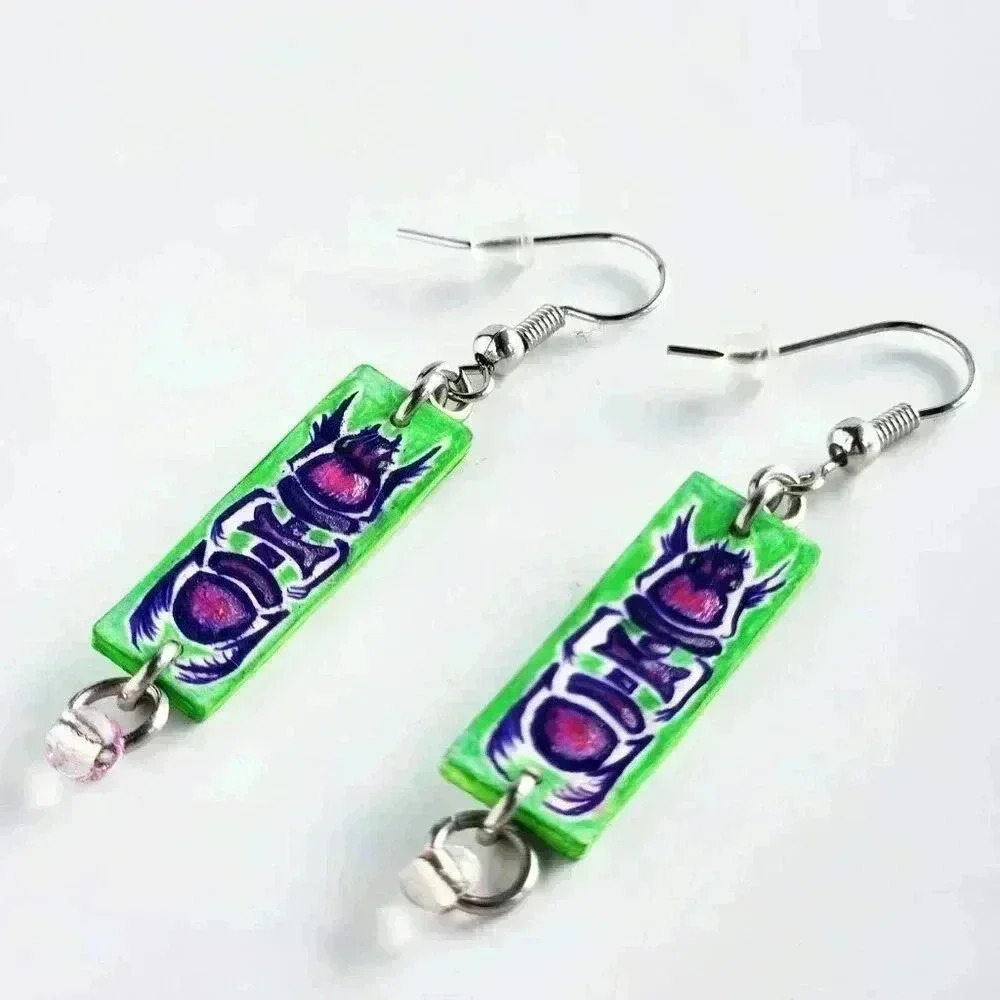 Garden fairy's lucky scarab long rectangular dangle earrings with  pink beads
